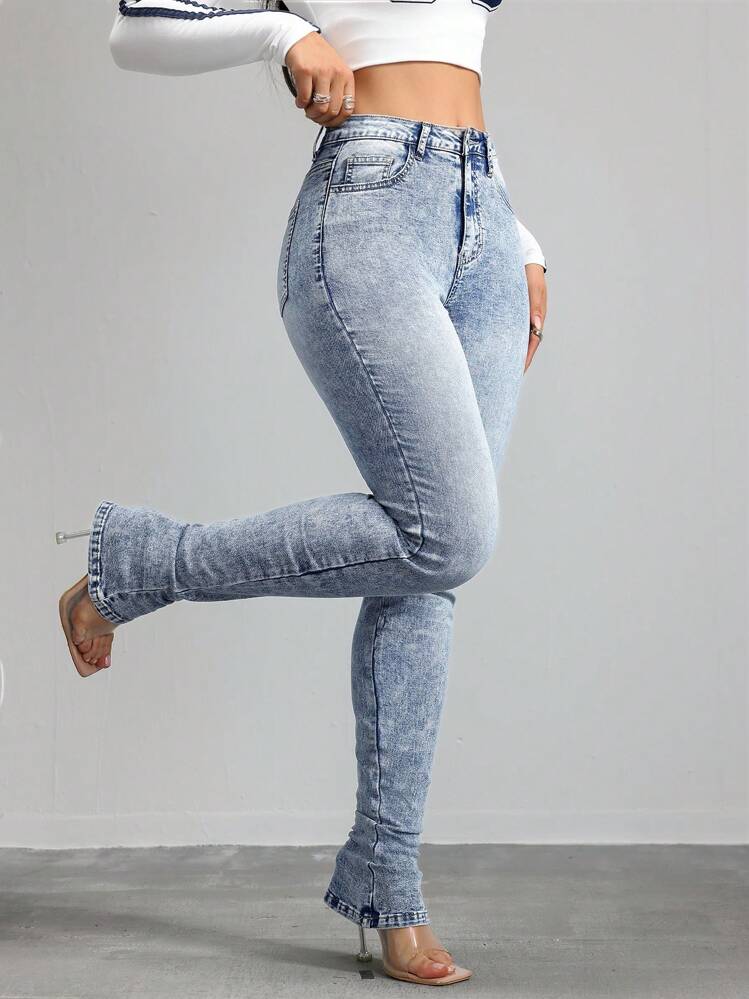 SHEIN Tall Jeans da donna sexy aderenti ed elastici con gamba a zampa, pantaloni a vita bassa blu donna a zampa di elefante, leggins a zampa di elefante in denim, pantaloni a zampa di donna alta, collant a zampa di donna alta, jeans impilati da donna - Lavaggio chiaro - Visualizzare 2
