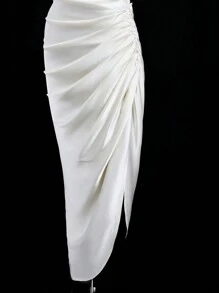 SHEIN ICON ICON Solid-Color Elegant Satin Ruched Contrast Lace Backless Slip Formal Prom Women Dresses - White - View 6
