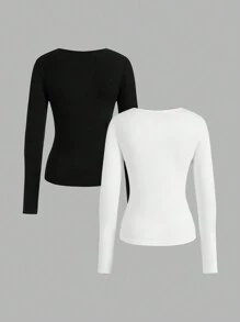 SHEIN EZwear 2pcs/Set Plus Size Women Deep V-Neck Slim Fit Casual Long Basic Long Sleeve T-Shirt Pullover Suit, Suitable For Autumn/Winter - Black and White - View 2