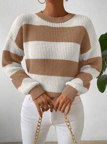 Chiquease Áo len dài tay cổ tròn phối màu kẻ sọc, kiểu dáng thường ngày, đa năng, thích hợp cho mùa thu đông. - Nhiều màu - Xem 5