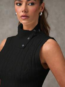 SHEIN BAE 女士立领无袖针织毛衣上衣，休闲纯色，秋冬 - 黑色 - 查看 2