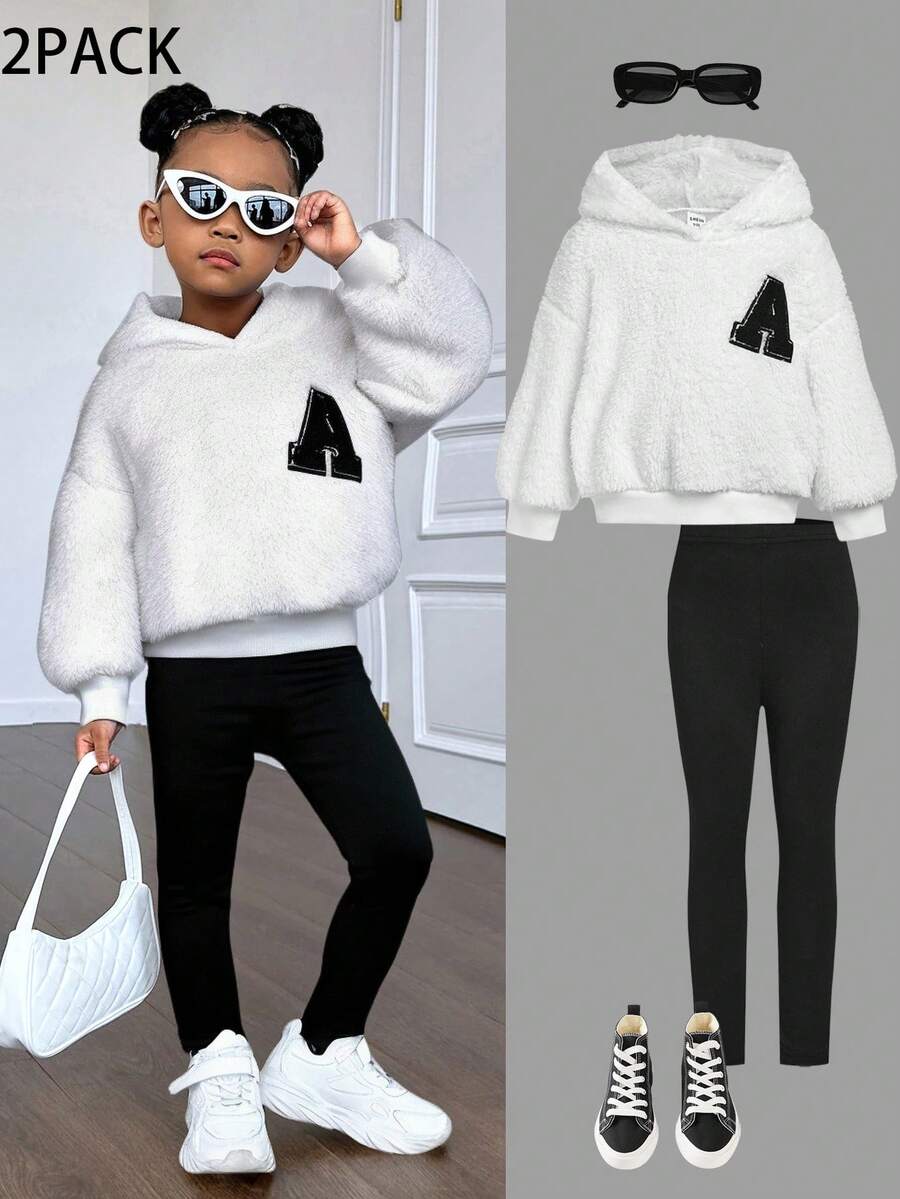 2 件套年轻女孩和年轻女孩双面羊毛连帽衫和紧身裤套装，适合日常休闲穿着 - 黑與白 - 查看 1