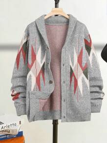 Manfinity Homme Men's Casual Geometric Pattern Cardigan, Autumn/Winter - Grey - View 1
