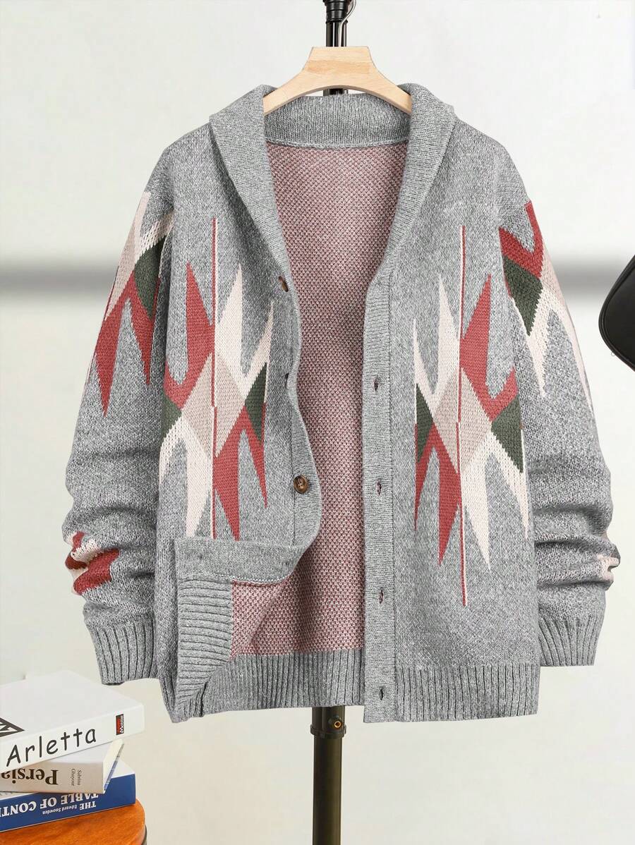 Manfinity Homme Men's Casual Geometric Pattern Cardigan, Autumn/Winter - Grey - View 1