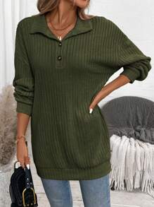 EMERY ROSE Women's Solid Color Front Button Long Sleeve Casual Sweatshirt - Army Green - View 3