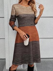 EMERY ROSE Women's Autumn Colorblock Round Neck Long Sleeve Casual Mid-Length Dress , Fall - Multicolor - View 4