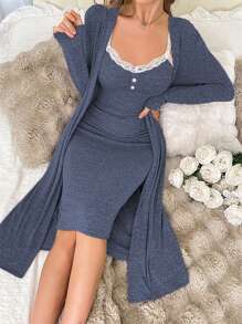 Snug Zone Women's Lace Trim Sleep Slip Dress & Robe Pajama Set, Fall Winter Clothes - Dusty Blue - View 3