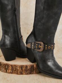 SHUZIA 畅销女式黑色中筒牛仔靴，配有复古带扣、铆钉和索环装饰、仿旧 PU 俏皮、时尚奢华外观。 - 黑色 - 查看 6