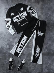 Manfinity EMRG 男士纯色拼布圆领长袖字母印花休闲上衣和裤子套装 - 黑與白 - 查看 3