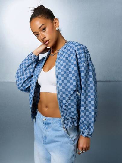 SUMWON WOMEN Classic Checker Print Trucker Denim Jacket Fall Winter Streetwear Statement Fashion Casual Weekend Layering Piece Retro Y2K Aesthetic