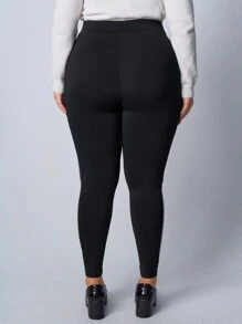 SHEIN EZwear Plus Size Women PU Patchwork Solid Color Leggings, For Autumn/Winter - Black - View 3