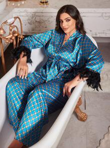 大码几何图案法兰绒睡衣套装