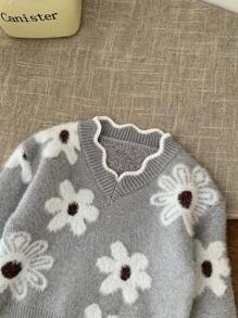 SHEIN LMoss Kids LMoss 女婴花卉图案灰色长袖毛衣，可爱百搭，秋冬 - 灰色 - 查看 6