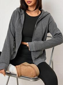 SHEIN Unity 女士纯色长袖拉链领休闲连帽夹克，秋季 - 灰色 - 查看 1