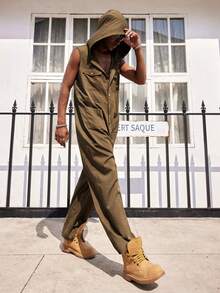 Manfinity Dauomo Men's Solid Color Sleeveless Hooded Jumpsuit, Casual Vacation Style - Green - View 3