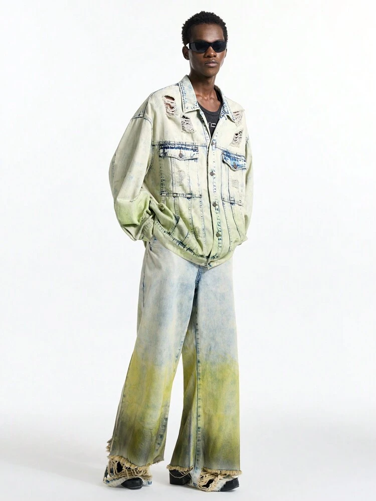 Men's Vintage Gradient Green Loose Denim Long Sleeve Jacket, Streetwear Style