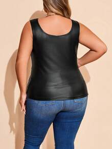 SHEIN CURVE+ Curve Plus 休闲百搭黑色仿皮吊带背心，深 V 领和露背设计，适合秋季 - 黑色 - 查看 2