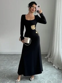 Modelyn 女士优雅针织方领修身刺绣紧身长袖连衣裙超长女士装长款晚礼服 - 黑色 - 查看 3