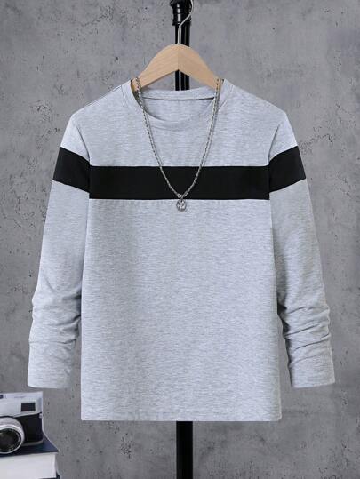 SHEIN 男童休闲针织圆领拼色运动衫，秋冬