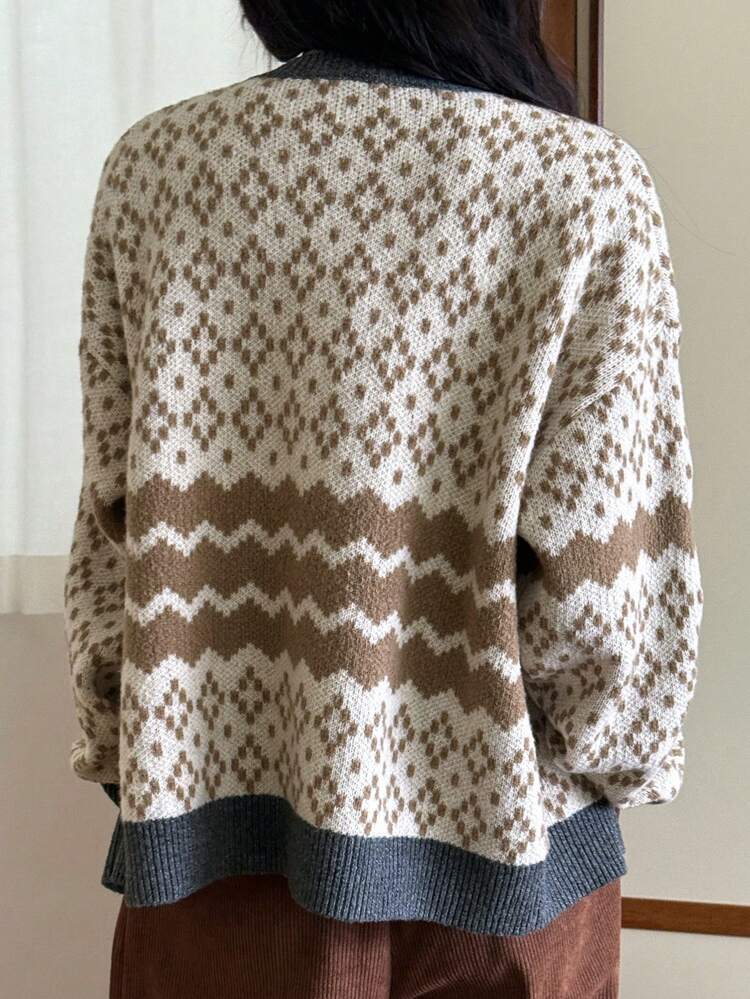 Floral Jacquard Pattern Loose Fit Crew Neck Cardigan For Women,Fall Women Clothes