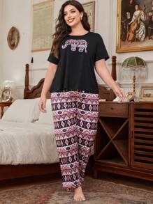Plus Size Pattern Elephant Print Short Sleeve Pajama Set - Multicolor - View 4