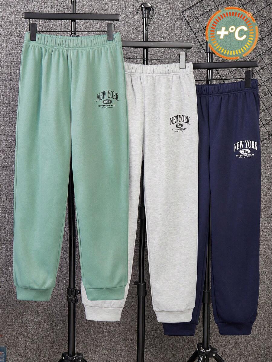 SHEIN 3 件套休闲宽松舒适运动美式字母印花针织运动裤套装，适合青少年上学、户外活动，也可作为礼物，适合秋冬季 - 藏蓝色 - 查看 1