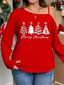 SHEIN LUNE Christmas Plus Size Women Casual Minimalist Christmas Tree Print Asymmetrical Shoulder Round Neck Sleeveless T-Shirt - Red - View 3