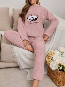 SHEIN Cottnline 2Pcs Plush Panda Embroidery Detail PJ Set - Dusty Pink - View 3