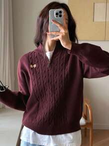 DAZY 1 件女士宽松刺绣半拉链长袖休闲毛衣，秋季女装 - 紅木色 - 查看 4