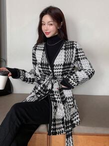 DAZY 1 pezzo Giacca semplice con tasche e maniche lunghe con laccio frontale per donna, abbigliamento casual quotidiano, cappotto a quadri per donna in autunno - Grigio - Visualizzare 5