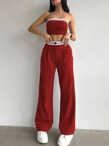 Chiquease 女士条纹印花抹胸上衣和裤子 2 件套休闲套装新年服装 - 紅色 - 查看 3