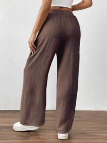 SHEIN PETITE Quần ống đứng túi xéo họa tiết trơn màu tối giản thời trang dành cho nữ - Màu nâu Sô-cô-la - Xem 2