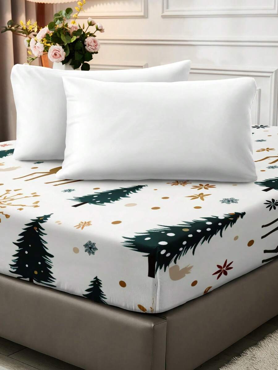 1ชิ้น ผ้าปูที่นอนทรงสวมใส่ ผ้าฝ้ายสีขาวระบายอากาศได้ดี พิมพ์ลายต้น