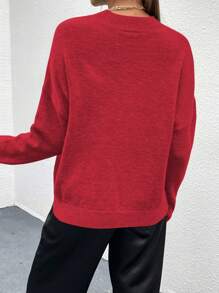 SHEIN Unity 女士宽松针织毛衣，休闲套头衫，纯色毛衣，新年秋冬款 - 紅色 - 查看 2