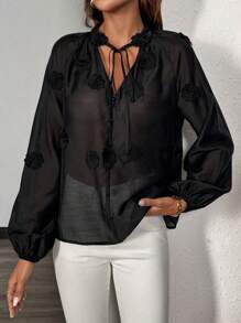 SHEIN Unity 1 pieza Blusa de mujer con corbata de unicolor y decoración de flores 3D - Negro - Ver 6