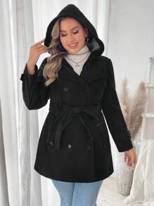 Flirla 大码女式纯色长袖双排扣连帽抽绳外套 - 黑色 - 查看 5