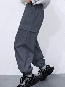 Kids/Tween Boys Casual Reflective Material Patch Pockets Relaxed Fit Drawstring Waist Pants, Suitable For School, Garden, Beach, Birthday, Spring, Summer, Autumn, Winter - Grey - View 1