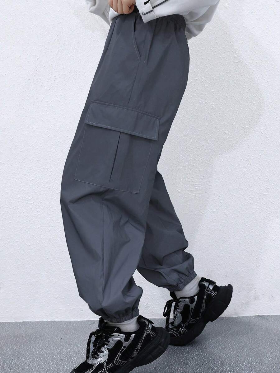 Kids/Tween Boys Casual Reflective Material Patch Pockets Relaxed Fit Drawstring Waist Pants, Suitable For School, Garden, Beach, Birthday, Spring, Summer, Autumn, Winter - Grey - View 1