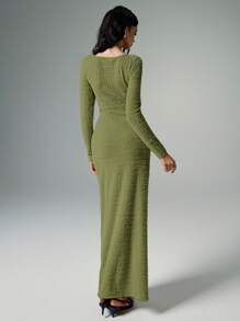 Poéselle 1 件女士休闲简约纹理开衩长裙，秋季 - 綠色 - 查看 6