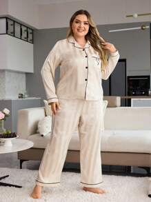 Plus Size Apricot Minimalist Fashion Poplin Fabric Long Pants & Long Sleeve Casual Comfy Loose 2pcs Pajama Set