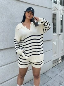 POPSWAY French Elegant Color Block Stripe Polo Collar Slouchy Pullover Long Sleeve + Shorts 2pcs Suit Knit Set For Women, Autumn/Winter Fall Cloth For Women - Multicolor - View 5