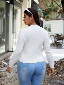 SHEIN Unity 大码女式刺绣水钻装饰长袖毛衣，秋冬针织套头衫 - 米色 - 查看 3