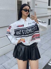 POPSWAY Plus Size Women Motorcycle Print Short Jacket