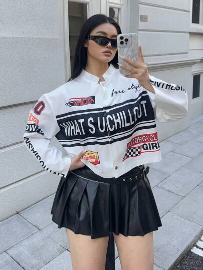 Flirla 大码女式摩托车印花短夹克