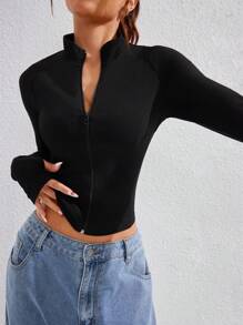 Easithlete Women's Solid Color Front Zipper Long Sleeve Casual Slim Fit Short Sports Jacket - Black - View 5