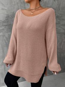 SHEIN LUNE Plus Size Jednokolorowy sweter z rozcięciem z boku, swobodny na jesień/zimę