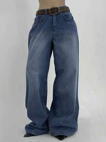 DAZY Quần Jeans Ống Rộng Rộng Không Đối Xứng Cho Nữ, Quần Jeans Baggy - Rửa trung bình - Xem 1