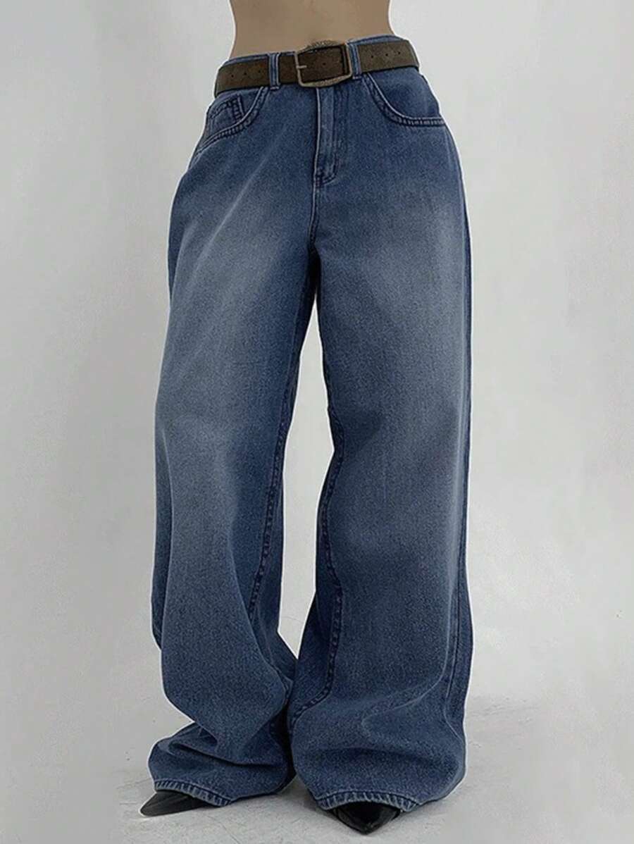 DAZY Quần Jeans Ống Rộng Rộng Không Đối Xứng Cho Nữ, Quần Jeans Baggy - Rửa trung bình - Xem 1