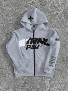 Manfinity EMRG Oversized Men Slogan & Eagle Graphic Zip-Up Thermal Lined Hoodie - Grey - View 4