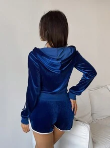 INAWLY 2pcs Sports & Casual Women Set - Velvet Number Embroidery Zip-Up Hooded Jacket And Shorts, Autumn Fall Cloth For Women - Blue - View 5